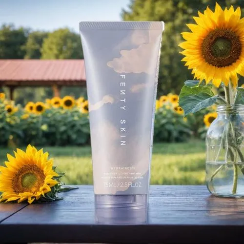 a sunflower and a bottle of personal care product are set on the table,skincare packaging,neutrogena,biotherm,natural cosmetic,aveda,innisfree,Small Objects,Outdoor,Sunflowers