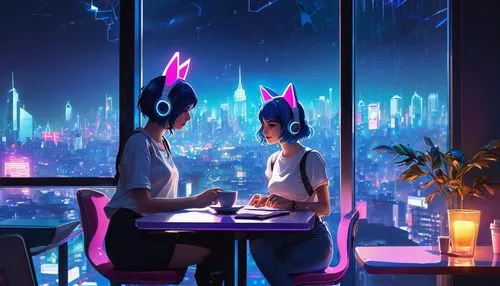 d.va cafe, modern interior, futuristic ambiance, neon lights, holographic displays, cyberpunk atmosphere, solo female character, 20yo, short blue hair, cat ears, white shirt, high-waisted jeans, sneak