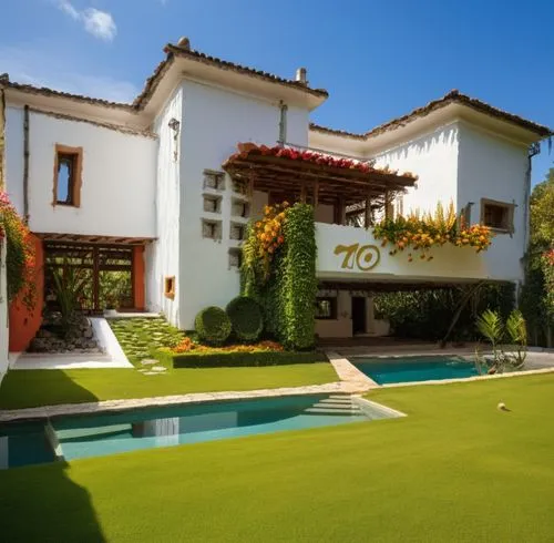 EL EXTERIOR DE UNA CASA CON ESTILO MEXCANO MODERNO, USO PREDOMINANTE DEL COLOR BLANCO, CON UN MURO EN COLOR AMARILLOS, UN ESPEJO DE AGUA COMO ELEMENTO DECORATIVO,a large white house has green grass an