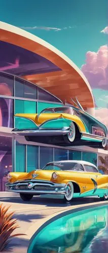 retro diner,ford starliner,buick electra,futuristic landscape,car dealership,edsel bermuda,1959 buick,cadillac eldorado,futuristic art museum,futuristic car,buick super,nash metropolitan,holiday motel,tail fins,car showroom,cadillac de ville series,drive in restaurant,ford thunderbird,car dealer,retro automobile,Illustration,Retro,Retro 12