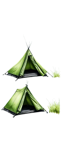 Tent, camping, outdoor adventure, fabric texture, ropes, metal poles, triangular shape, entrance flap open, interior dim light, sleeping bag inside, backpack near, green grass surrounding, sunny day, 