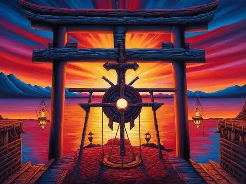 oriental lantern,imagawa,japanese lantern,ships wheel,japanese lamp,sea fantasy,japanese shrine,nakama,yamatai,tokyo disneysea,pirate ship,illuminated lantern,jigoku,ship's wheel,senbon torii,red lantern,scarlet sail,asian lamp,fireship,torii,Illustration,Realistic Fantasy,Realistic Fantasy 25