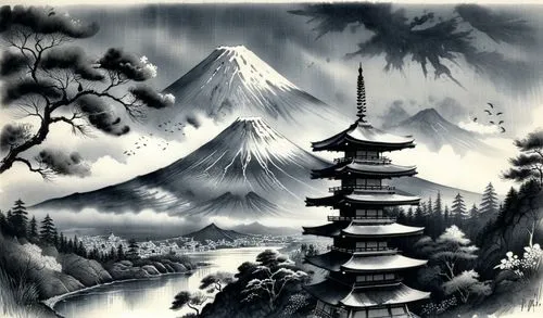 Mount Fuji and Pagoda,black and white artwork featuring mountains, pagodas, clouds and a river,japanese art,mountain scene,tokaido,kamiizumi,masashige,japan landscape,japanese background,hokusai,cool 