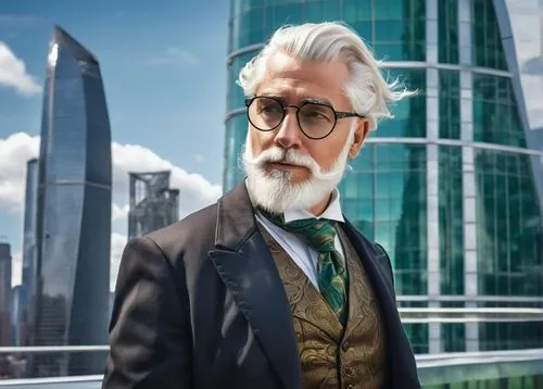 Mature professor, bespectacled, white hair, beard, formal wear, suit, tie, holding a model, standing in front of a modern skyscraper, urban cityscape, glass and steel structure, green roof, solar pane