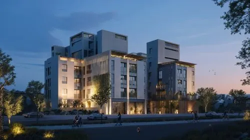 two buildings are illuminated by street lights, with pedestrians outside at dusk,skolkovo,appartment building,mgimo,kryvyi,aktobe,technopark,Photography,General,Realistic