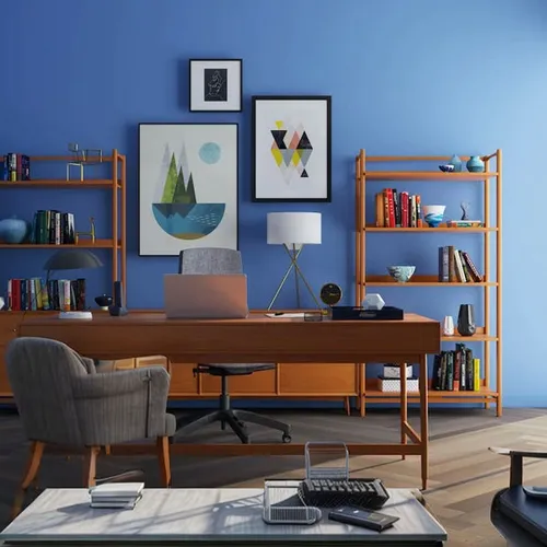 mid century modern,modern decor,bookshelf,blur office background,bookcase,bookshelves,contemporary decor,wooden shelf,secretary desk,the living room of a photographer,plate shelf,blue room,mid century,danish furniture,shelves,shelving,blue lamp,interior decor,desk,sideboard