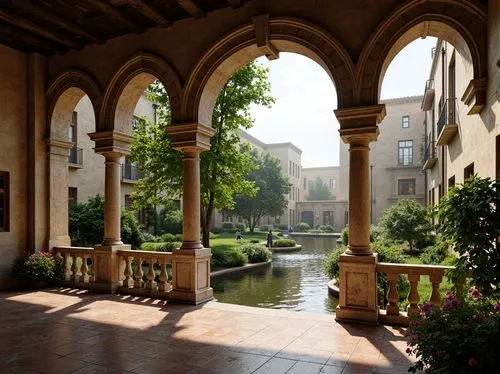 Rustic stone archways, ornate carvings, grandiose bridges, serene water reflections, lush greenery, vibrant flowers, majestic pillars, classical balustrades, intricate stonework, weathered brick surfa