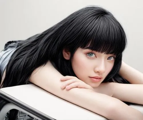 paleness,heterochromia,black hair,bangs,porcelain doll,pale,bowl cut,gentiana,retro girl,iris on piano,sitting on a chair,cleopatra,piano,white lady,realdoll,sidonia,artificial hair integrations,model beauty,dita,gravure idol,Common,Common,Film
