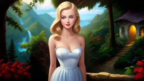 Romantic masterpiece oil painting, beautiful girl portrait, nostalgic 1950's style kitsch, vibrant rainforest, mountaintop cottage landscape, lush tropical jungle paradise, beautiful natural scenery, 