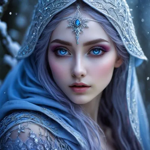 the snow queen,ice queen,blue enchantress,suit of the snow maiden,fantasy art,white rose snow queen,galadriel,faery,ice princess,fantasy portrait,violet head elf,fantasy picture,winterblueher,fairie,blue eyes,celeborn,mystical portrait of a girl,fairy queen,elsa,fairy tale character,Illustration,Realistic Fantasy,Realistic Fantasy 04