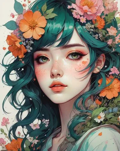 picture of a anime girl dressed in flowers, in the style of artgerm, loose linework, lush and detailed, detailed facial features, cottagecore, nature-inspired, close-up intensity,a beautiful  with gre