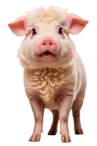 Cute piggy, front view, pink nose, curly tail, fluffy fur, big round eyes, soft focus, shallow depth of field, warm lighting, 3/4 composition, adorable expression, standing on hind legs, holding somet