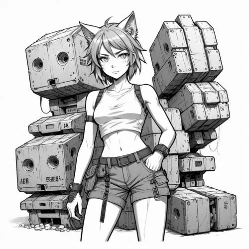 croft,scrap collector,stacked containers,tomboys,crates,pallet,Design Sketch,Design Sketch,Detailed Outline