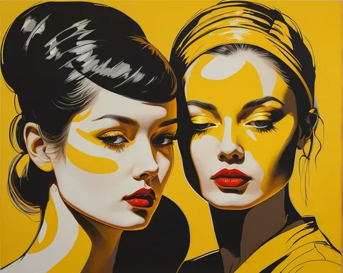 cool pop art,pop art style,modern pop art,pop art people,effect pop art,pop art,fashion illustration,two girls,pop art effect,pop art colors,yellow and black,gold paint stroke,popart,gold paint strokes,pop art woman,retro women,young women,women's cosmetics,art painting,oil painting on canvas,Photography,General,Natural