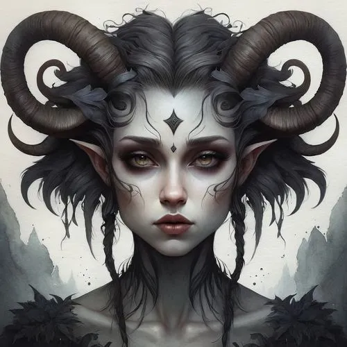 horned,faun,dark elf,fantasy portrait,the zodiac sign taurus,medusa,capricorn,goatflower,daemon,gorgon,feral goat,horoscope taurus,horns,zodiac sign libra,the zodiac sign pisces,oryx,wild sheep,devil,zodiac sign gemini,horn of amaltheia,Illustration,Realistic Fantasy,Realistic Fantasy 17