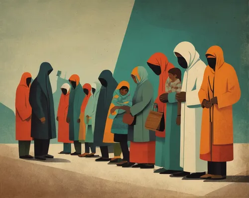 An artistic representation of the stigma surrounding leprosy, highlighting society's misunderstandings and prejudices.,contemporary witnesses,monks,pilgrims,burqa,nativity,pentecost,disciples,orange r