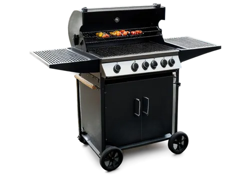 Metallic grill, outdoor kitchen, afternoon sun, shiny surface, horizontal grates, rounded edges, smoky aroma, sizzling sound, savory food, wooden handle, black legs, standing upright, 3/4 composition,