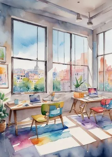 watercolor cafe,watercolor tea shop,sky apartment,study room,working space,sunroom,an apartment,watercolor shops,apartment,loft,watercolor background,shared apartment,apartment lounge,window sill,workspace,breakfast room,study,classroom,lofts,clubroom,Illustration,Paper based,Paper Based 25