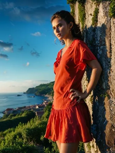 as she would look like in a photo,a  leaning against a large rock,oreiro,gaztelugatxe,catarina,dominczyk,eretria,themyscira,red tunic,soufriere,eustatius,cuba background,laurina,gasparyan,ivete,batane