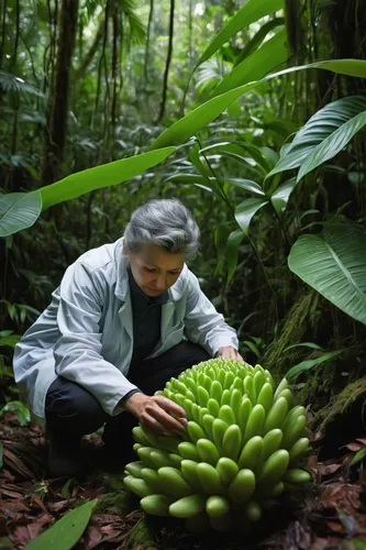 A scientist discovers a peculiar bulbous plant in a remote jungle,cocos nucifera,mangifera,coccoloba uvifera,collecting nut fruit,jackfruit,saba banana,artocarpus odoratissimus,urticaceae,pitahaja,pac