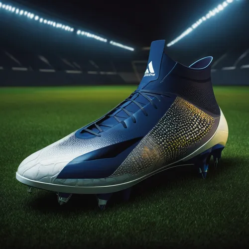 Design futuristic football cleats for a high-tech stadium.,football boots,soccer cleat,football equipment,track spikes,cleat,american football cleat,crampons,artificial turf,sports shoe,sports equipme