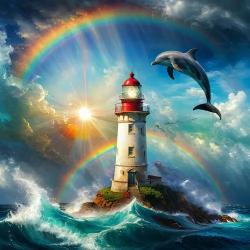 rainbow at sea,lighthouses,lighthouse,light house,electric lighthouse,fantasy picture,Conceptual Art,Daily,Daily 32