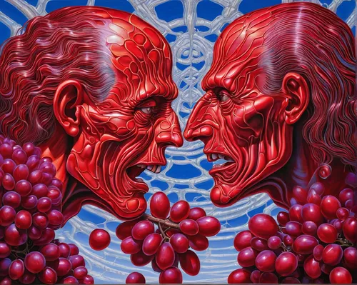 pomegranate,glass painting,red matrix,elder berries,quark raspberries,mirror of souls,red apples,psychedelic art,pomegranate juice,heads,bodypainting,face to face,red grapes,mirror image,oil painting on canvas,oil on canvas,cranberry sauce,bodypaint,dualism,gemini,Illustration,Abstract Fantasy,Abstract Fantasy 21