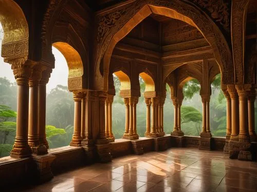 chhatris,mihrab,chhatri,shahi mosque,theed,water palace,rivendell,archways,ornate room,chhatra,marble palace,pillars,mehrangarh,ranakpur,safdarjung,alhambra,persian architecture,rajmahal,cloistered,chhatrapati,Illustration,Paper based,Paper Based 16