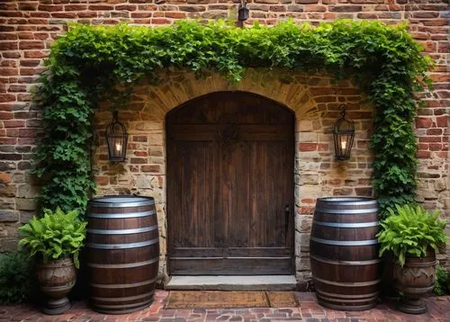 Historic vinery building, Raleigh NC, intricate brick exterior, ornate wooden doors, rustic stone walls, lush green vines crawling up walls, large wooden barrels, wine-making equipment, dim warm light