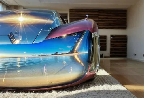 an image of a modern car made of glass,robotic lawnmower,teardrop camper,futuristic car,aircell,volkswagen beetlle,skycar,Photography,General,Realistic