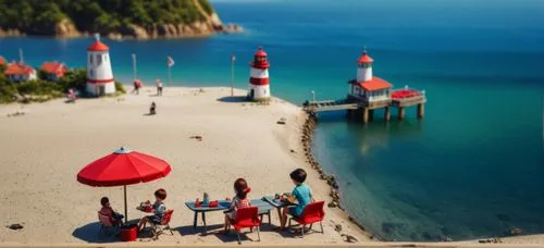 tilt shift,summer beach umbrellas,playmobil,seaside resort,red lighthouse,beach restaurant,rügen island,people on beach,beautiful beaches,brazilian beach,sopot,beautiful beach,lego background,popeye v