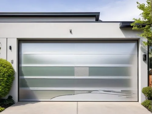 Modern, industrial-style garage door, metal frame, silver color, reflective surface, vertical windows with frosted glass, minimalist design, automatic opener, remote control, daytime, soft natural lig