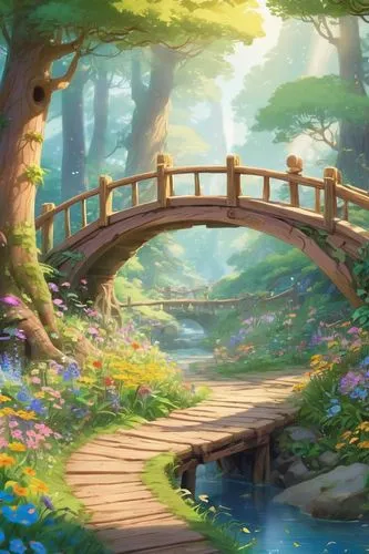 wooden bridge,scenic bridge,wooden path,log bridge,landscape background,forest path,fantasy landscape,springtime background,pathway,viola bridge,fairy forest,spring background,forest landscape,cartoon video game background,the mystical path,angel bridge,forest background,bridge,hangman's bridge,dragon bridge,Illustration,Japanese style,Japanese Style 02