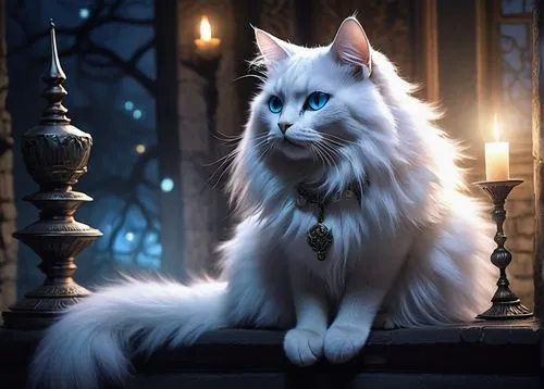 white cat,domestic long-haired cat,norwegian forest cat,turkish angora,birman,siberian cat,british longhair cat,maincoon,samoyed,blue eyes cat,cat with blue eyes,snowball,turkish van,albus,romantic portrait,ragdoll,american curl,thorin,regal,the cat,Illustration,Retro,Retro 23