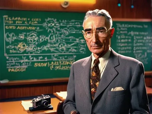 J. Robert Oppenheimer, 1940s style, atomic scientist, mature man, bespectacled, grey hair, wrinkled face, suit and tie, holding a blackboard, standing in front of a giant equation-covered blackboard, 