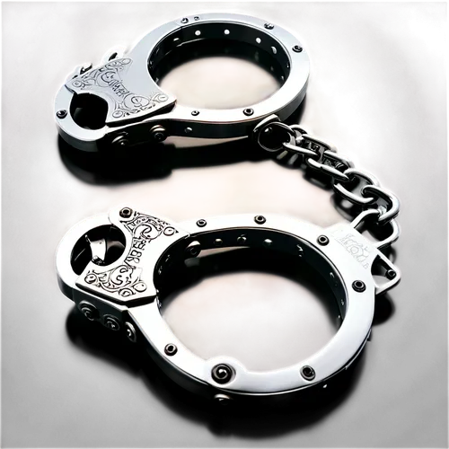 Metal handcuffs, silver chrome finish, intricate details, chain links, keyhole, locking mechanism, shiny surface, reflective light, close-up shot, 3/4 composition, dramatic lighting, cinematic tone.,h