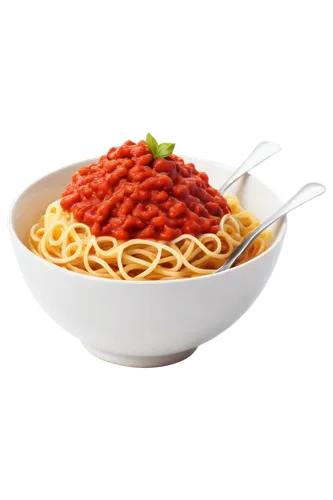 Long, curly spaghetti, Italian dish, red sauce, white plate, fork and spoon, steam rising, warm lighting, shallow depth of field, close-up shot, savory aroma, appetizing composition, realistic texture