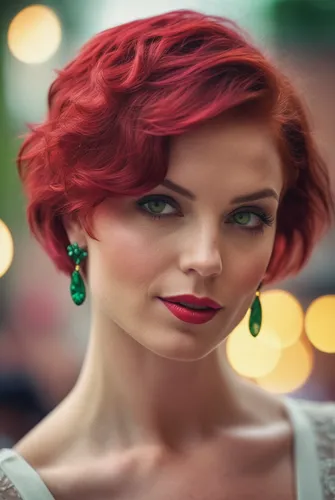 beautiful woman. red short hair. green eyes. sophisticated earrings. pink skin. red lips.,vintage woman,artificial hair integrations,retro woman,portrait photographers,portrait photography,vintage wom