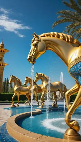 arabian horses,decorative fountains,dolphin fountain,the horse at the fountain,emirates palace hotel,largest hotel in dubai,golden dragon,jumeirah,dubai fountain,lion fountain,arabian horse,golden unicorn,fountain of friendship of peoples,thoroughbred arabian,yas island,dragon palace hotel,fountain of neptune,united arab emirates,fountains,city fountain,Conceptual Art,Fantasy,Fantasy 03