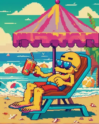 beach chair,deckchair,beach furniture,summer icons,beach chairs,pac-man,cabana,pixel art,homer simpsons,beach bar,beach background,beach toy,beach restaurant,pacman,retro frame,deckchairs,summer background,sunscreen,wooser,yellow background,Unique,Pixel,Pixel 04