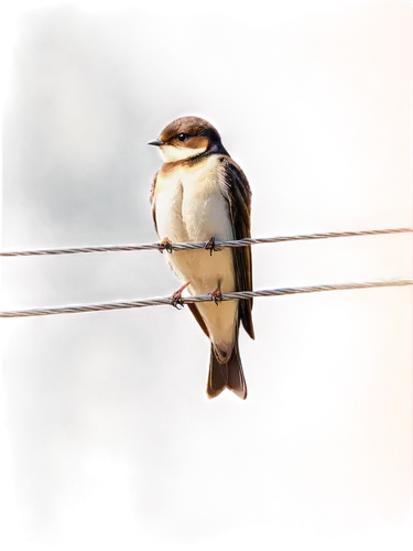 Young swallow, perched on wire, small beak, brown feathers, white belly, spread wings, morning sunlight, soft focus, shallow depth of field, warm color tone, cinematic lighting, 3/4 composition, gentl