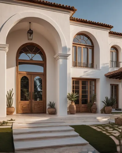 Two-story White House, front facade view, minimalist form, earthy color palette, arched portico, minimalist ceramics, wood, minimalist details, Mediterranean,luxury home,luxury property,stucco frame,f