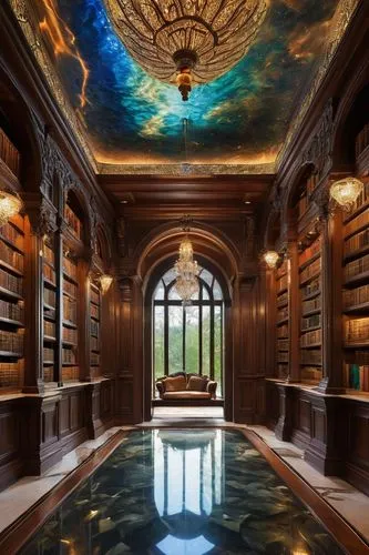 great room,reading room,bookshelves,book wallpaper,study room,bath room,alcove,bookcases,ornate room,dreamhouse,luxury bathroom,storybook,luxury property,opulently,poolroom,book wall,blue room,athenaeum,bibliotheque,greystone,Illustration,Realistic Fantasy,Realistic Fantasy 36