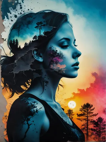 girl with tree,world digital painting,fractals art,art painting,fantasy art,image manipulation,photomanipulation,mystical portrait of a girl,sci fiction illustration,psychedelic art,photo manipulation,silhouette art,digital art,the festival of colors,painting technique,illustrator,digital artwork,woman thinking,blue painting,digital compositing,Photography,Documentary Photography,Documentary Photography 06