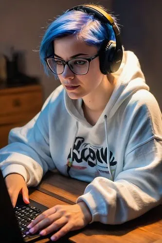 Modern young woman, online gamer, solo, (20yo), short blue hair, glasses, casual wear, white hoodie, denim shorts, sneakers, laptop, keyboard, mouse, headset, city apartment, night, softbox lighting, 