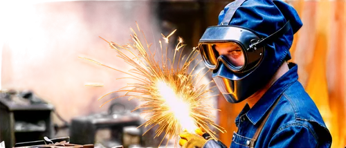 Welding tools, sparks flying, metal scraps, industrial background, grungy texture, worn gloves, safety goggles, denim apron, intense lighting, close-up composition, shallow depth of field, warm color 