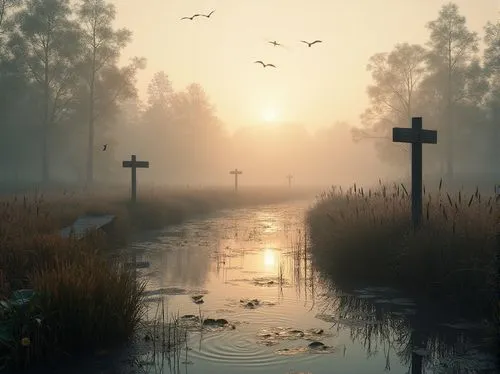 deadmarsh,marshlands,marshes,swamp,swamps,foggy landscape,polders,marshland,marsh,swampy landscape,backwater,polder,wetland,autumn fog,bayou,wetlands,crosses,daybreak,alligator alley,dayz,Photography,General,Realistic