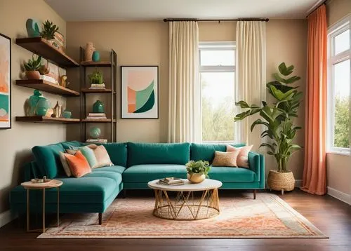 teal and orange,mid century modern,mahdavi,modern decor,contemporary decor,sitting room,turquoise leather,apartment lounge,livingroom,danish furniture,shared apartment,living room,berkus,interior design,showhouse,interior decor,an apartment,mid century,furnishing,color turquoise,Illustration,Paper based,Paper Based 26