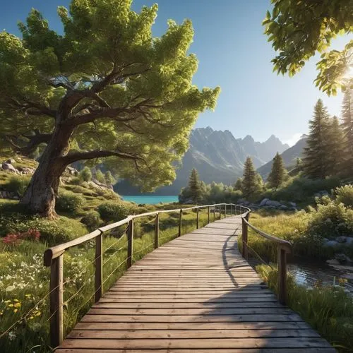 a beautiful scene   : O,wooden path,pathway,forest path,wooden bridge,hiking path,idyllic,the mystical path,landscape background,walkway,the path,scenic bridge,salt meadow landscape,tree top path,tree