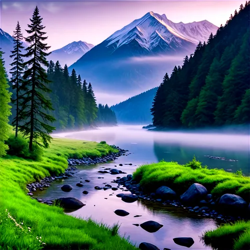 Ultra HD 4K, panoramic view, serene natural landscape, misty morning, majestic mountain range, snow-capped peaks, lush green forest, tall trees, gentle river flow, rocky shore, soft warm lighting, cin